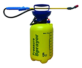 Spray de pressão amarelo com pega azul e tubo amarelado