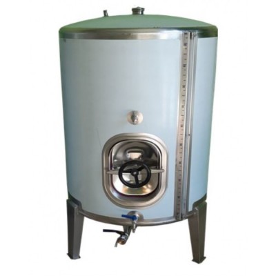 Tanque cilíndrico azul claro com válvula e régua vertical