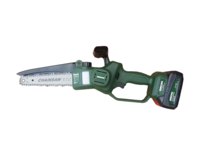 Aparelho podador de correntes verde escuro com lâmina metálica e bateria recarregável