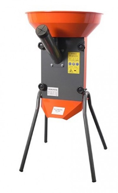 triturador agrícola metálico preto e laranja com funil