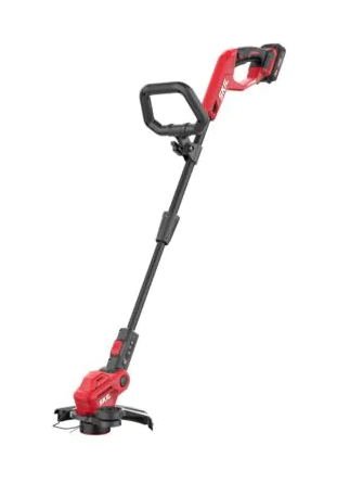 Aparador de relva elétrico vermelho e preto, com botão WHITE, em fundo branco