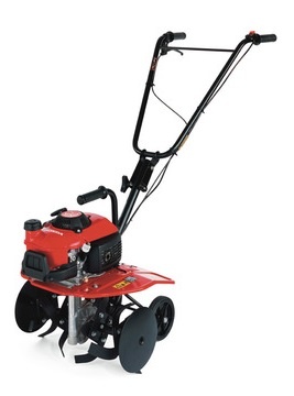 Motoenxada de motor a gasolina vermelha e preta com rodas e lâminas para solo