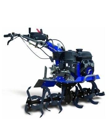 Motoenxada com motor a gasolina, estrutura azul e lâminas metálicas pretas