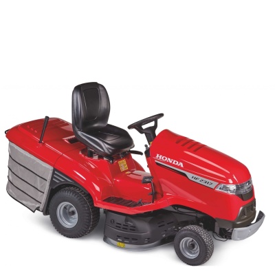 Trator de relva vermelho Honda modelo HF 2417 com assento preto e saco de recolha cinzento