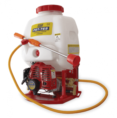 Pulverizador de mochila motorizado branco com tampa vermelha e motor vermelho