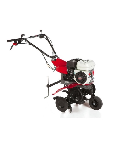 Motoenxada metálica preta e vermelha com motor branco e lâminas rotativas