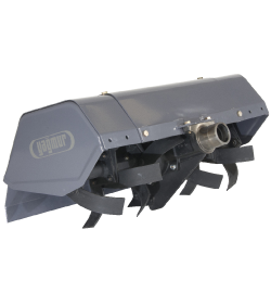 Máquina agrícola cinzenta com lâminas rotativas pretas e marca Jaguar na lateral