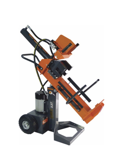 Máquina de cortar madeira laranja e preta com motor e rodas pretas