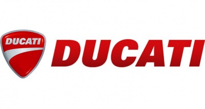Logótipo vermelho e branco da Ducati com texto DUCATI