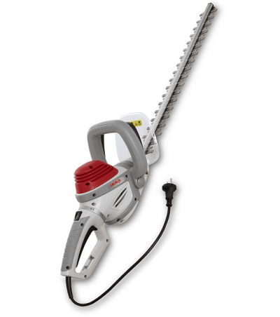 Tesoura de sebe elétrica cinzenta, branca e vermelha com lâmina metálica e cabo preto.