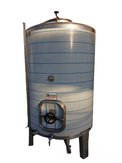 Tanque industrial de aço inoxidável com porta frontal e válvulas