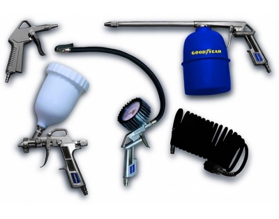 Conjunto de ferramentas pneumáticas metálicas e plásticas azul, cinza e branco