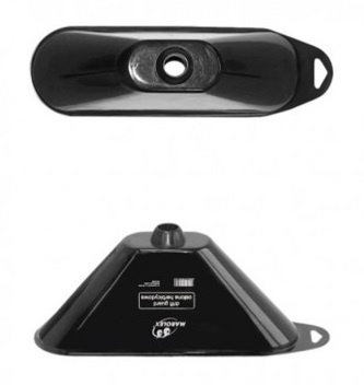 Base e suporte em plástico preto com etiqueta e buraco central