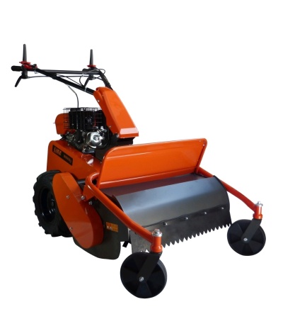 Máquina cortadora de relva laranja e preta com rodas e motor