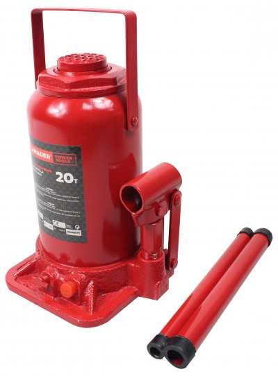 Macaco hidráulico vermelho 20 toneladas WADER com barra destacada em fundo branco