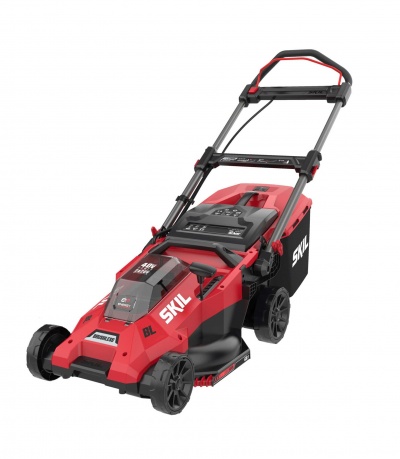 Corta-relvas elétrico vermelho e preto SKIL com pega ajustável e saco de recolha negro