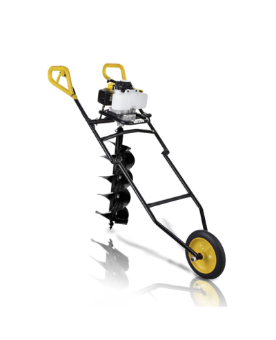 Arado motorizado preto com manípulos amarelos e roda amarela em fundo branco