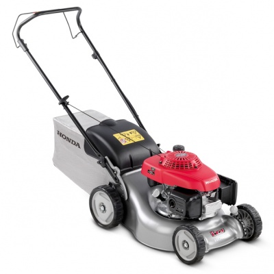 Corta-relvas motorizado Honda com motor vermelho e saco coletor cinzento