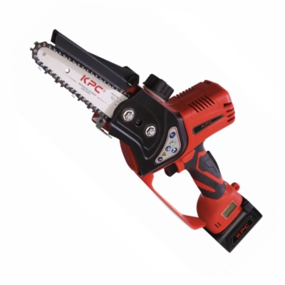 Moto-serra elétrica KPC vermelha e preta com corrente metálica e bateria destacada