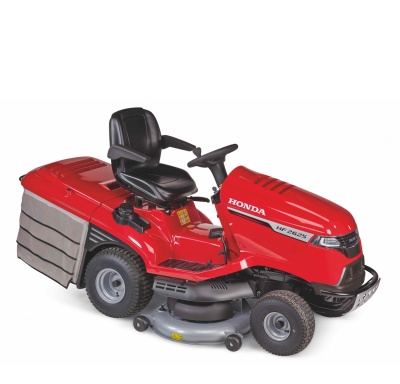 Trator cortador de relva vermelho Honda HF 2625 com assento preto e depósito coletor cinzento