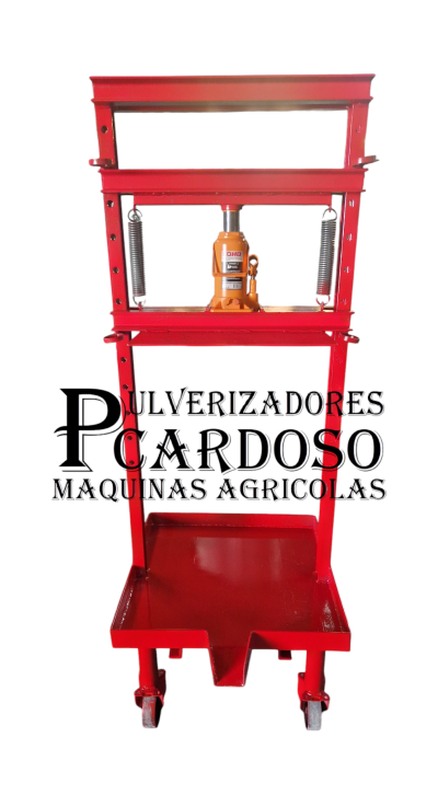 Prensa hidráulica vermelha com macaco hidráulico e texto de fundo