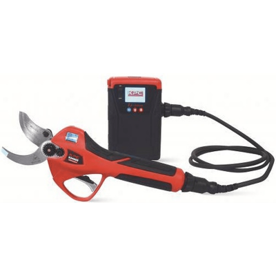 Tesoura elétrica vermelha e preta com unidade preta ligada por cabo