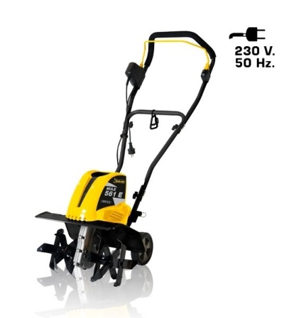 Motoazada elétrica amarela e preta com pega e rodas, modelo MULLE 561 E
