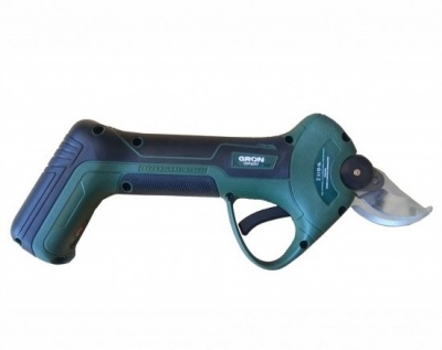 Tesoura elétrica verde escuro e preto com lâmina curva