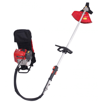 Aparelho cortador de relva motorizado com motor vermelho e proteção vermelha para lâmina