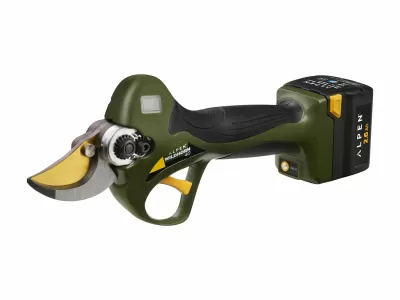 Tesoura elétrica de podar verde-oliva com bateria preta atrás