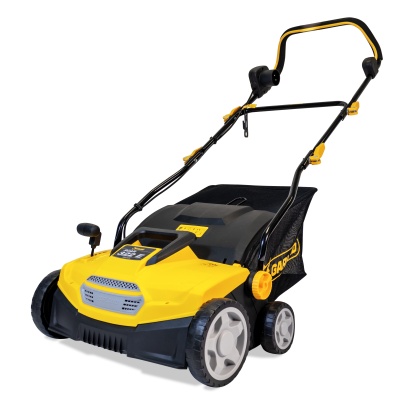 Aparelho de relva elétrico amarelo e preto com rodas e caixa coletora preta