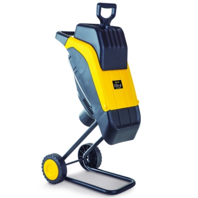 Triturador de jardim amarelo e preto com rodas e cabo