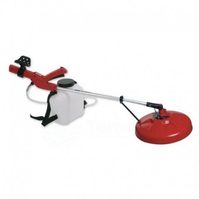 aparelho de corte agrícola com tanque branco, pega vermelha e disco vermelho