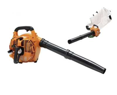 Duas sopradoras de jardim laranja com detalhes pretos, uma com bocal longo e outra com saco de recolha branco.