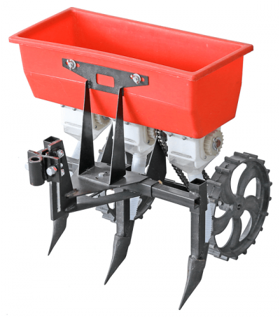 Distribuidor agrícola com contentor vermelho e estrutura metálica preta