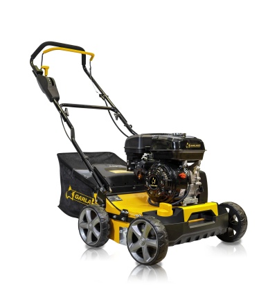 Corta-relva a gasolina preto e amarelo com saco coletor