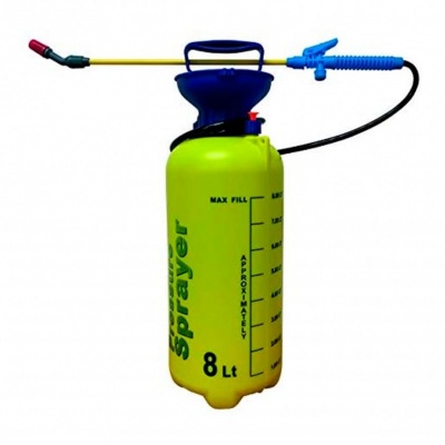 Pulverizador manual amarelo com tampa azul escura e tubo de metal