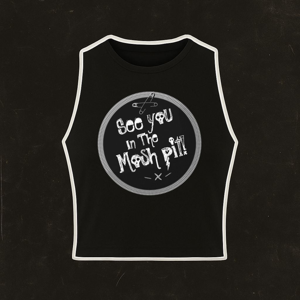 Top preto com estampa branca circular e texto 'See you in the mosh pit!'