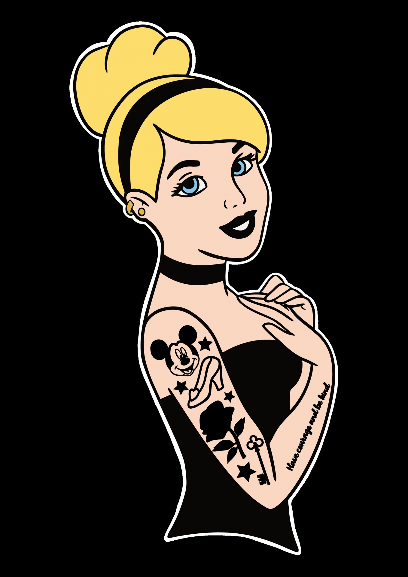 Ilustração de mulher loira com vestido preto e tatuagens no braço direito