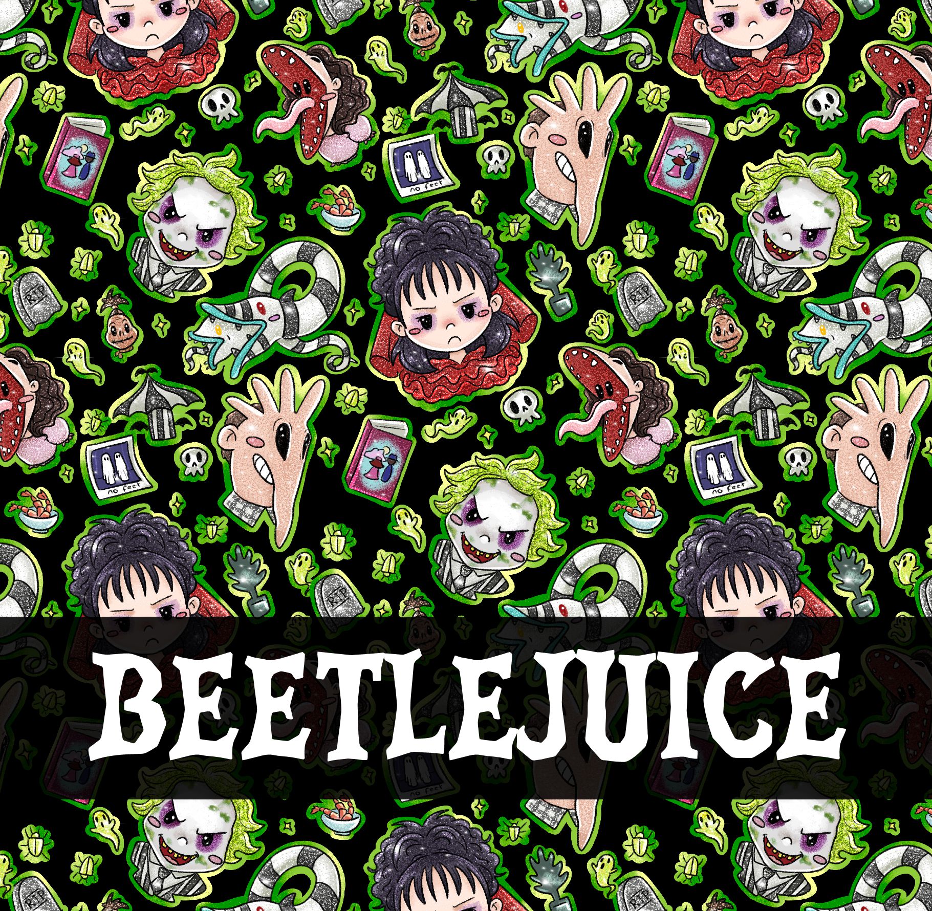 Padrão Beetlejuice com personagens cartoons, serpentes, cartas e texto