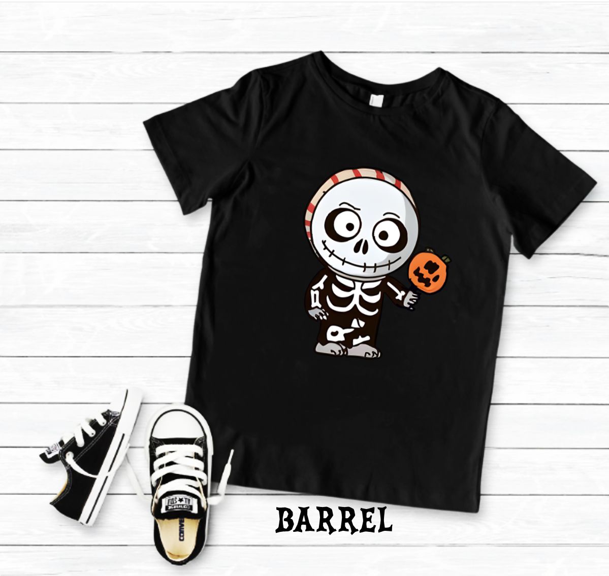 T-shirt preta com estampa de esqueleto cartoon e ténis pretos