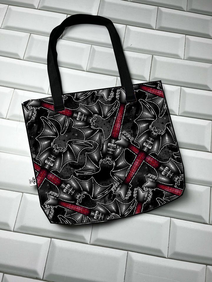 Saco tote com padrão de morcegos pretos e bigodes vermelhos