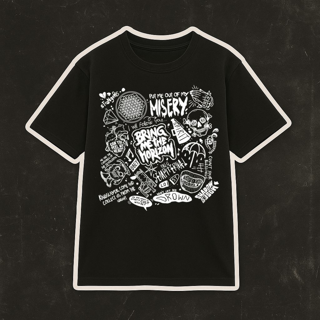 Camiseta preta com estampado branco de palavras e desenhos variados