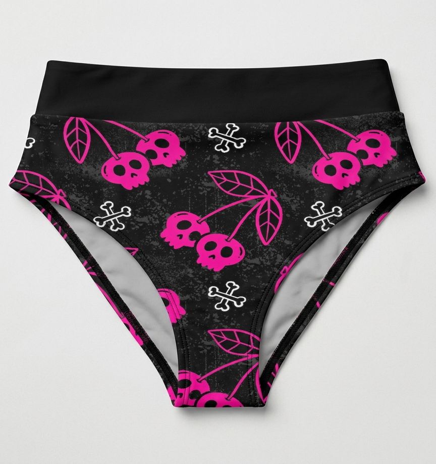 Cuecas de banho pretas com estampado de caveiras rosa e ossos brancos