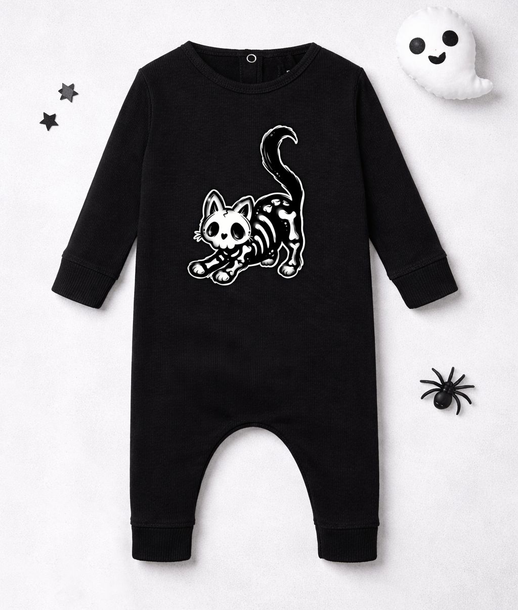Macacão preto para bebé com estampa de gato esqueleto