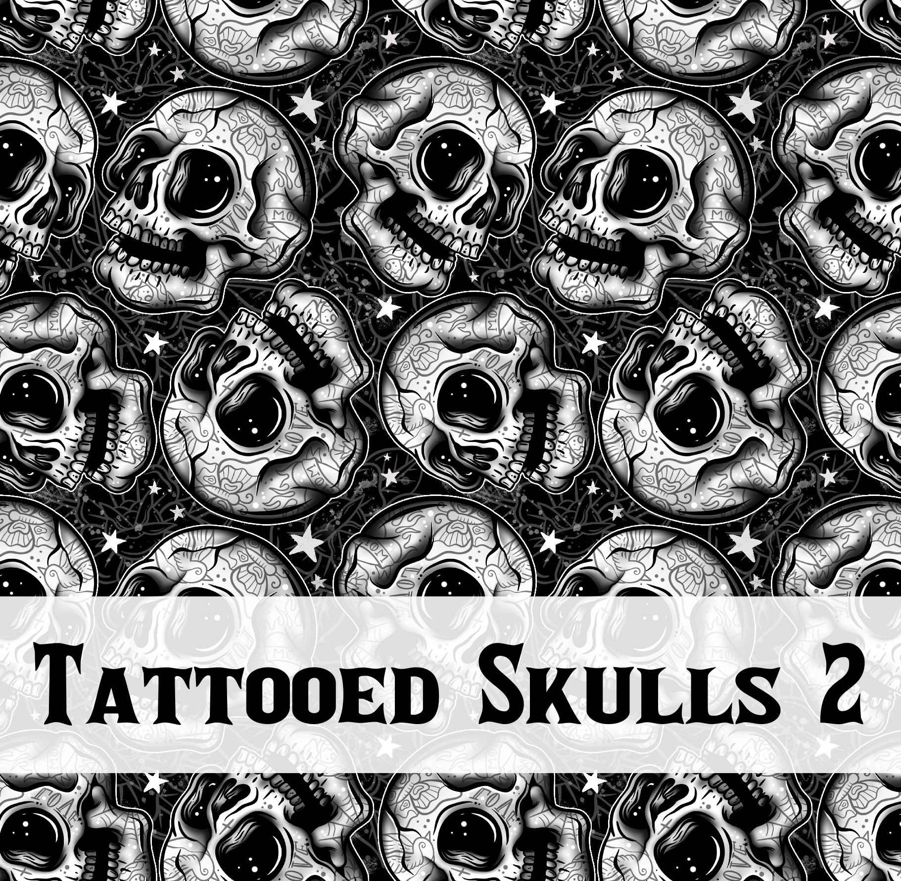 Padrão de caveiras tatuadas em preto e branco com texto 'TATTOOED SKULLS 2'