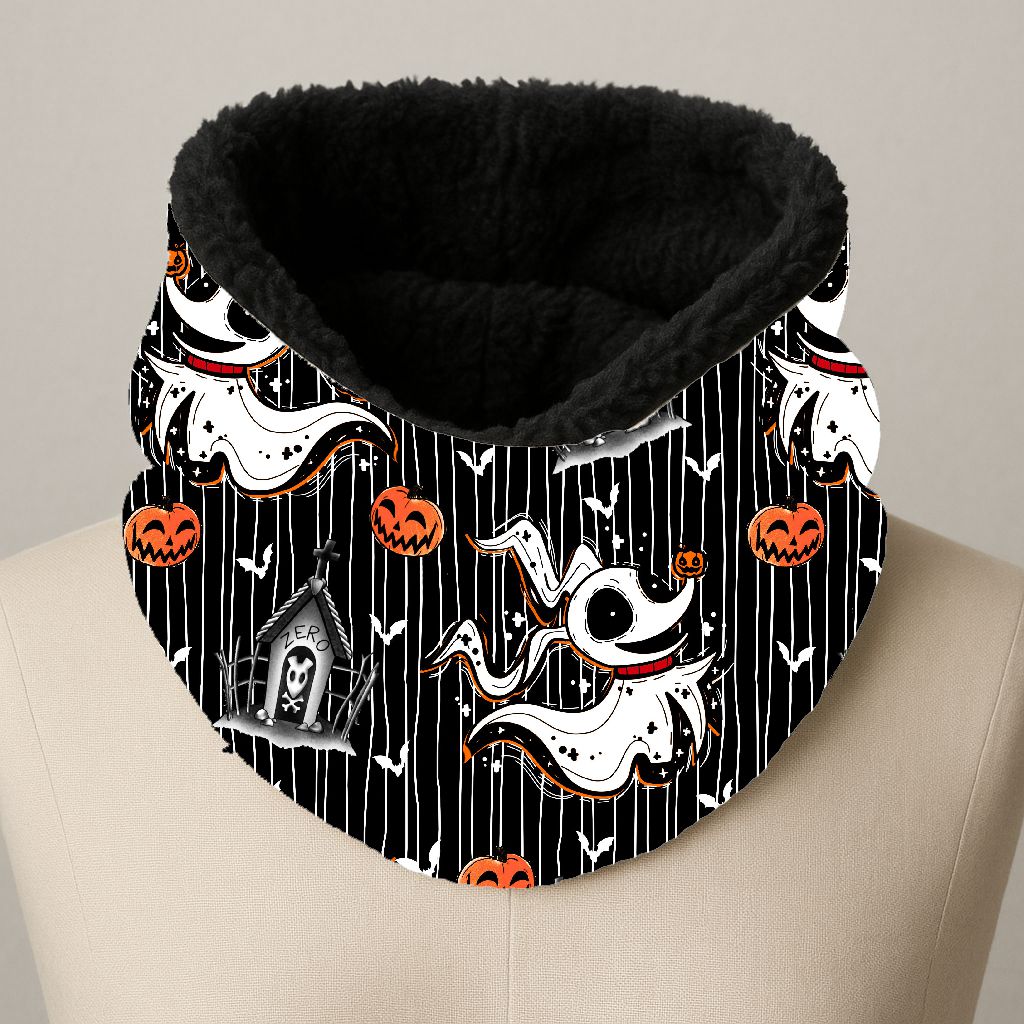 Cachecol tubular Halloween preto com fantasmas e abóboras laranja
