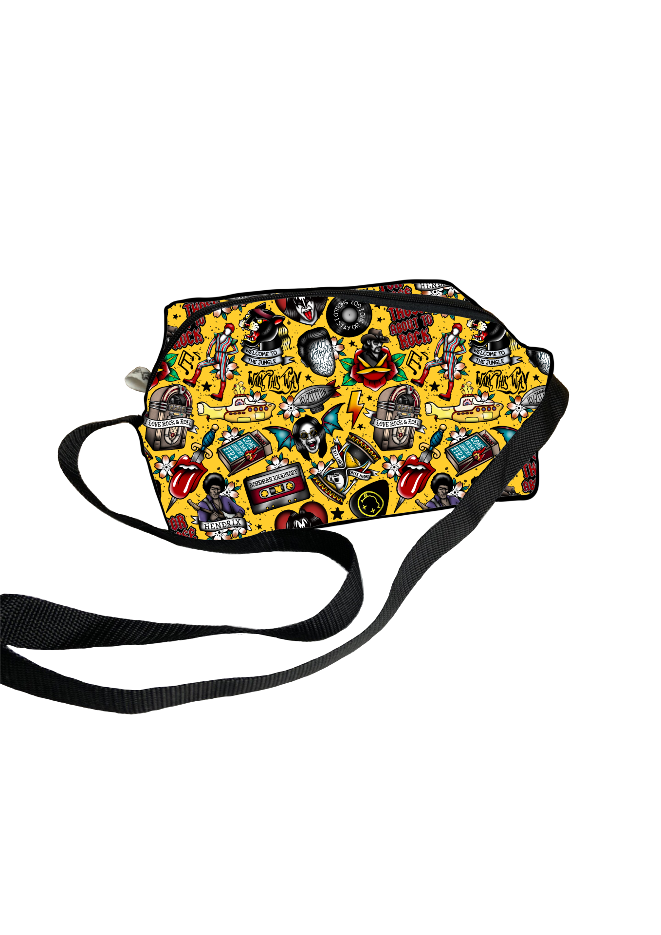 Bolsa tiracolo com padrão colorido de objetos musicais em fundo amarelo