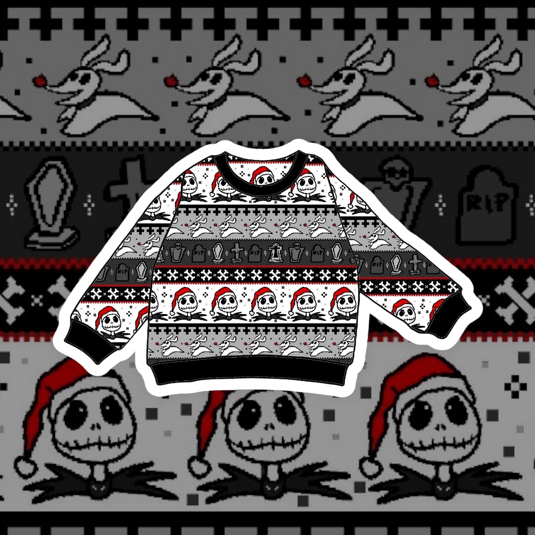 Camisola de malha natalícia preta, branca, vermelha e cinza com padrão de caveiras e renas