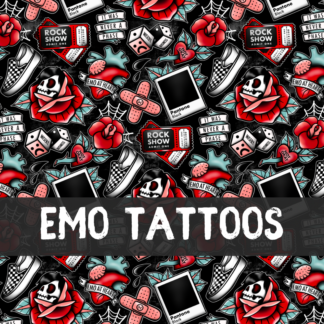 Padrão repetido de tatuagens emo com rosas, caveiras, tênis, dados, bandagens e textos em inglês.
